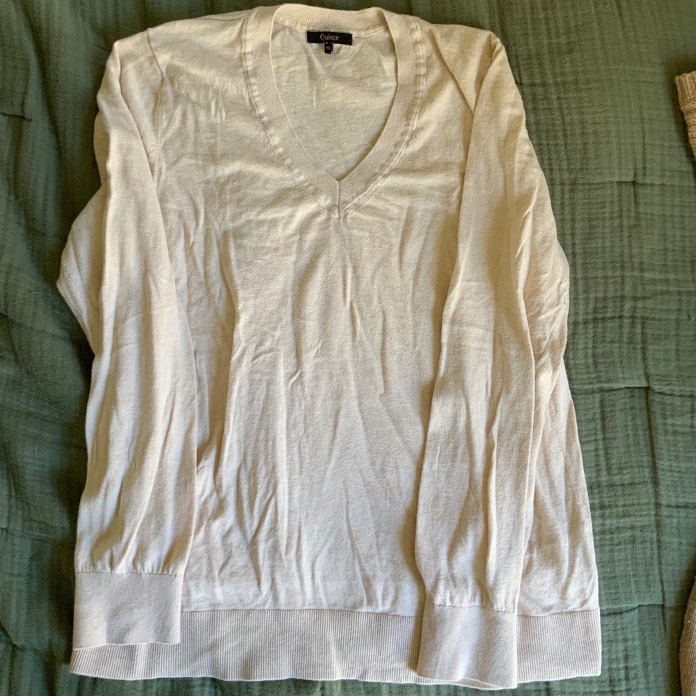 Quince Cream Ivory Cotton Blend V Neck Long Sleeve Lightweight Sweater XL